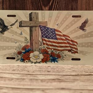 Patriotic License Plate with Cross and Flag
